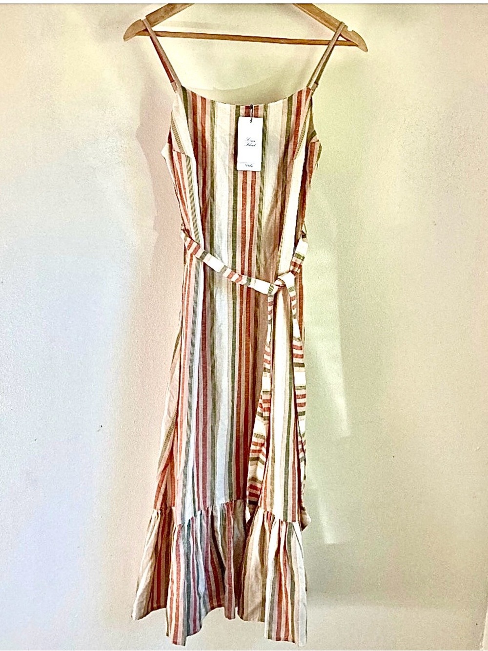 MNG Linen Blend Striped  Belted Maxi Dress in Multicolor